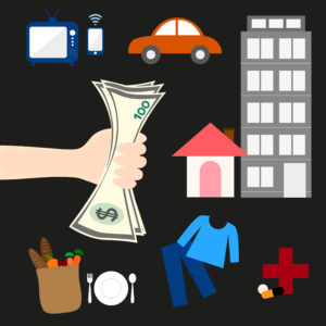 Image is a black background with a series of cartoons on top including a hand holding a hundred dollar bill, a grocery bag and plate with fork and spoon, a small orange car, a blue shirt and blue pants, and two buildings- one tall and one short