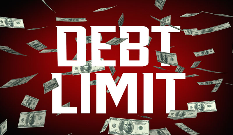 The words "Debt Limit" appear in white type on a red background. $100 bills float around the image.
