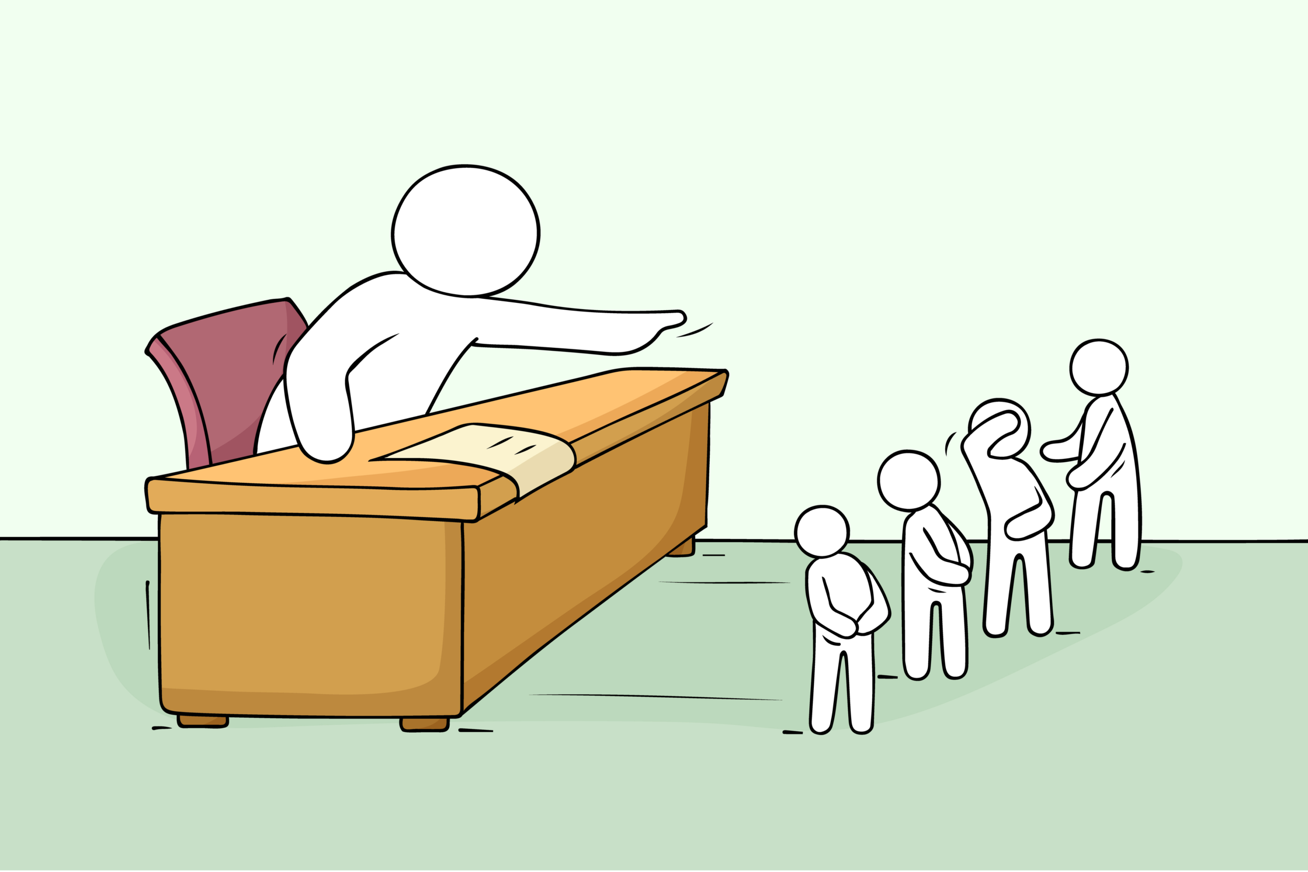Cartoon outline of a person towers over a yellow desk with one finger outreached. In front of the desk are smaller outlined people who are turning away or holding their hands behind their backs.